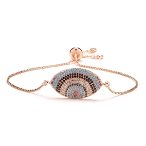 Rose gold adjustable evil eye bracelet featuring multi-color cubic zirconia stones