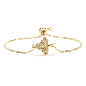 Elegant gold bee bracelet with white cubic zirconia and adjustable slider chain