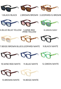 Detailed catalog of retro square sunglasses and blue light glasses in various frame colors