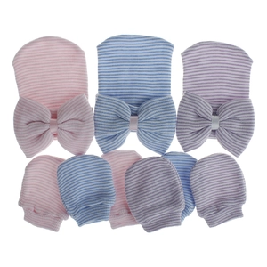 Conjunto de tres piezas de gorros y manoplas de punto para bebé con lazos grandes rayas