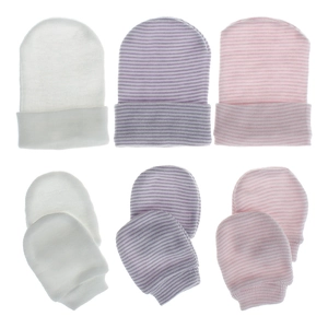 Three pairs of striped baby beanie hats and matching scratch mittens for newborns