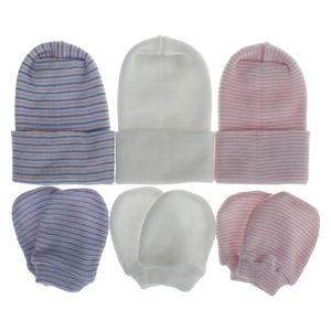 Detailed set of double-layered cotton newborn hats and mittens in pink, blue and white