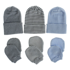 Detail view of double-layered striped baby hats and matching mitten sets in three colors