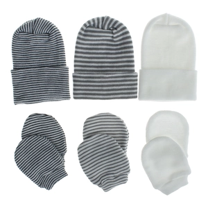 Detailed set of double-layered thick knit baby hats and mittens in stripes and white