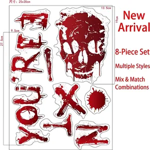 Macro detail of waterproof Halloween blood stickers featuring skull and handprints