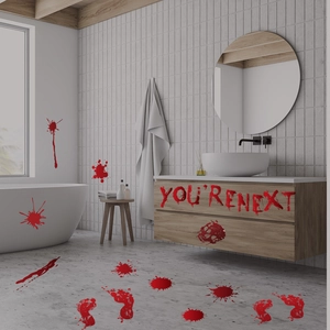 Spooky Halloween red blood footprints and 'YOU'RE NEXT' text wall stickers in a bathroom
