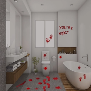 Scary red Halloween bloody handprint and footprint decals with YOU ARE NEXT text on bathroom wall