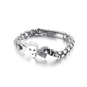 Men's stainless steel punk bracelet with skull and wrench charms and braided chain