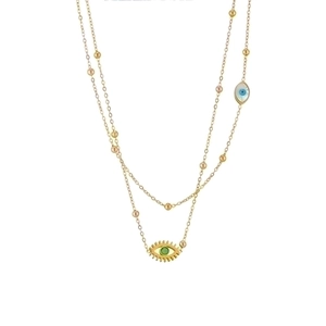 Double-layered gold necklace with beaded chains and two evil eye pendants