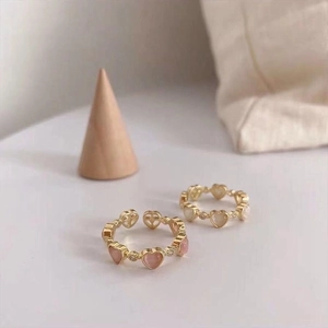 Adjustable gold heart cat eye ring for women with pink and beige stone accents