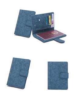 Blue RFID passport wallet detail showing card slots, SIM holder, and snap closure