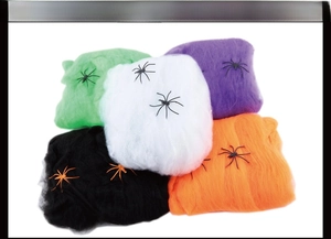 Detailed view of Halloween stretchable cobwebs in five colors with plastic spiders