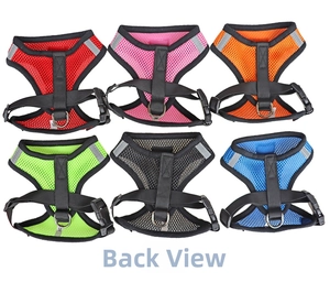 Detail view of mesh pet harnesses in six colors with reflective strips and back D-ring