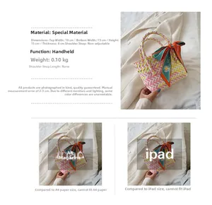 Detail view of woven plaid handbag with dimensions and iPad size comparison