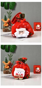 Close-up of plush Christmas candy bags with 3D Santa and Snowman drawstring details