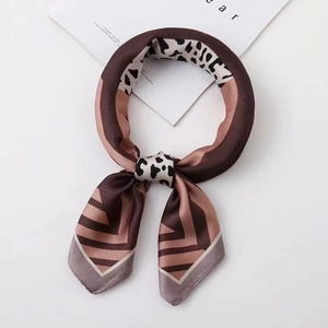Silk leopard print square neck scarf in brown and white with geometric border