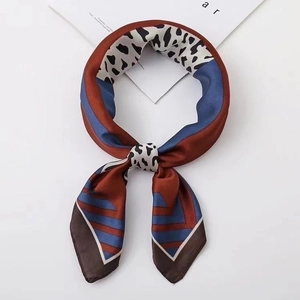 70cm leopard print square silk scarf with blue and red geometric pattern for hair and neck