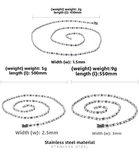 Detailed size and weight specifications for stainless steel chain necklaces in various widths