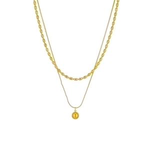 Double-layered gold titanium steel necklace with a round pendant on a white background
