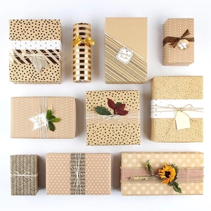 Eco-friendly kraft wrapping paper rolls with geometric patterns and rustic jute twine