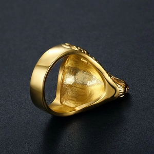 Gold plated titanium steel wolf head ring for men with side relief and polished inner band