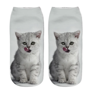Unisex 3D animal print low cut socks featuring cute grey cat with pink tongue