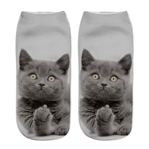 Detailed view of 3D cat print socks with gray kitten design on low-cut footwear
