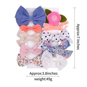 Set of 10 elastic bow headbands for children shown with dimensions and weight specs