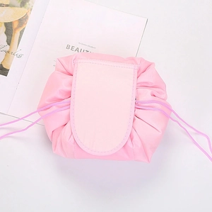 Traveler large capacity pink lazy cosmetic bag portable drawstring makeup toiletry storage pouch