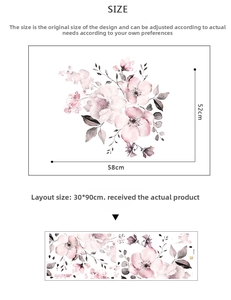 Detail showing watercolor pink floral wall decal layout and size specifications