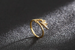 Detailed close-up of golden devil wing arrow ring in polished stainless steel finish