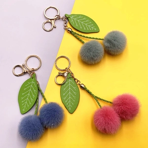 Cute Cherry Shape Plush Pom Pom Keychain Faux Fur Fruit Pendant Bag Charm Sweet Keyring Accessory For Women Girls