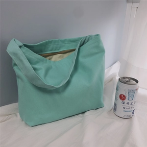 Detail of mint green canvas tote bag showing wide shoulder strap and zipper closure