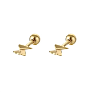 Detail of 316 stainless steel gold lightning bolt stud earrings with screw-back closure