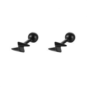 Detail of matte black lightning bolt stud earrings with ball screw back closures