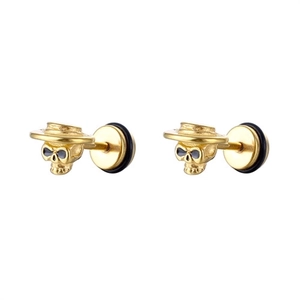 Detail view of gold skull earrings with straw hats made of durable stainless steel
