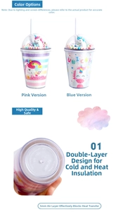 Detail of double-layer unicorn straw cup with 5mm air insulation and colorful dome lid