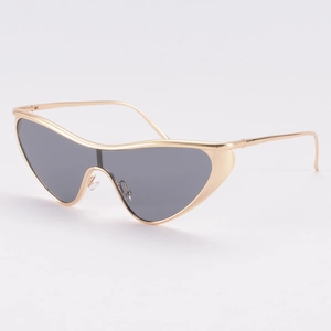 Futuristic golden metal cat-eye sunglasses with dark one-piece wraparound lens for men and women