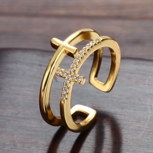 Double Layer Cross Ring Copper Zircon Open Adjustable Finger Jewelry Trendy Fashion Women