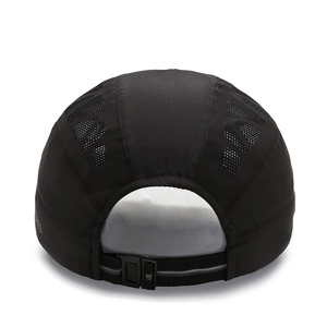 Black quick-dry sports cap with breathable mesh panels and adjustable buckle back view