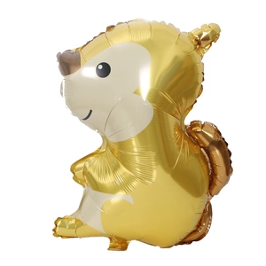 Detailed view of a golden foil squirrel balloon for jungle-themed party decorations