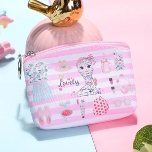 Detail showing pink striped PU coin purse with girl illustration and metal keyring