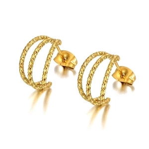 Triple layer gold plated stainless steel hoop earrings with textured finish for women
