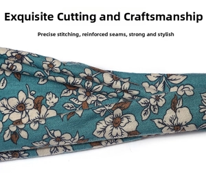 Detail of teal floral yoga headband showing high-quality stitching and fabric texture