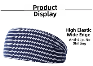 Detail of high-elastic wide sports headband with anti-slip blue zigzag geometric pattern