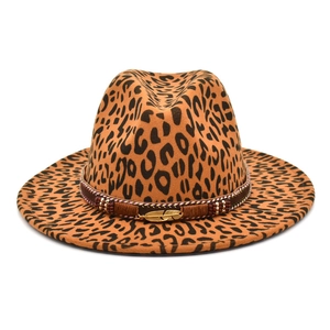 Leopard print wool fedora hat with braided beaded band and golden feather charm