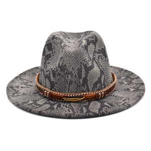 Snake Print Fedora Hat Cotton Polyester Wide Brim Western Vintage Jazz Hat With Leather Belt Gold Feather Pendant