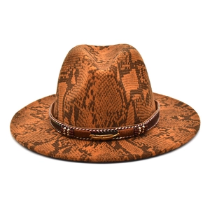 Close-up of snakeskin fedora with brown leather band and golden feather detail