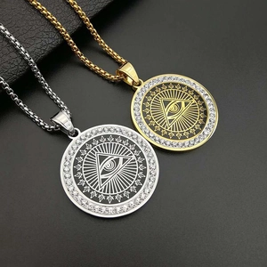 Hip Hop Titanium Steel Eye Of Providence Pendant Necklace Gold Silver Rhinestone Providence Eye Medallion Jewelry For Men Women