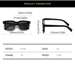 Detailed size guide for black square sunglasses showing 149mm width and PC material
